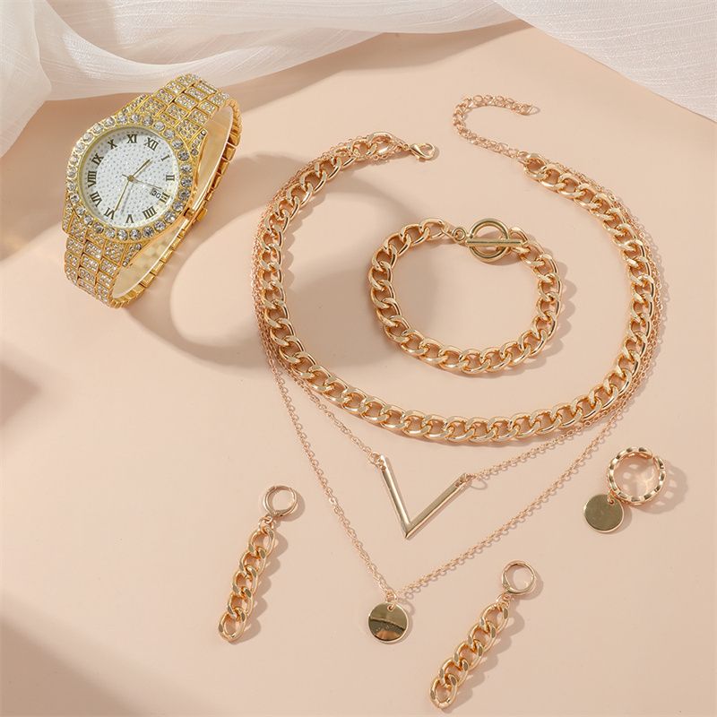 5pcs/set 2025 New Hip-Hop Unisex Jewelry Set: Diamond-Accented Quartz Ice Watch with Stackable Metal Necklace Bracelet Earrings Ring Urban Luxury for Streetwear & Nightlife Styling