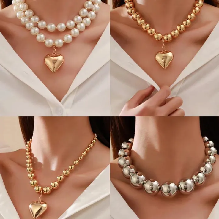 New Fashion Punk Oversize Bead Choker Necklace - Heart Pendant with pearl Geometric Layered Collarbone Chain for Women Y2K Gothic Adjustable Collar Jewelry with Alloy Beads