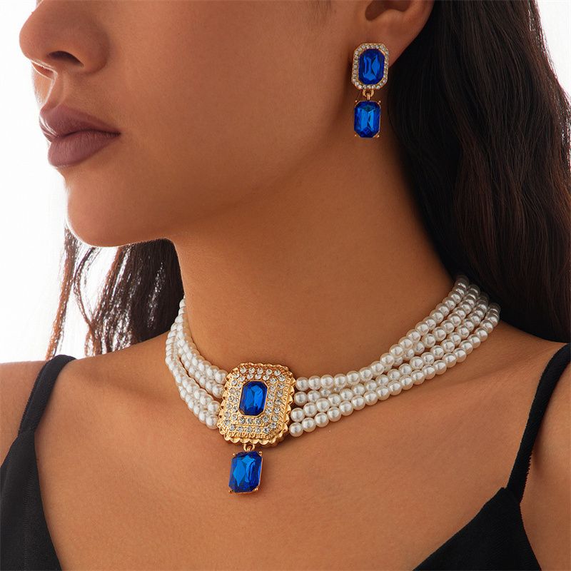 Elegance Square-Cut Gemstone Choker Necklace – Gold-Plated Full Pave Diamond Accent with Vintage-Inspired Simulated Pearl Beads | Luxe Collarbone Jewelry for Evening Gala & Daily Glamour