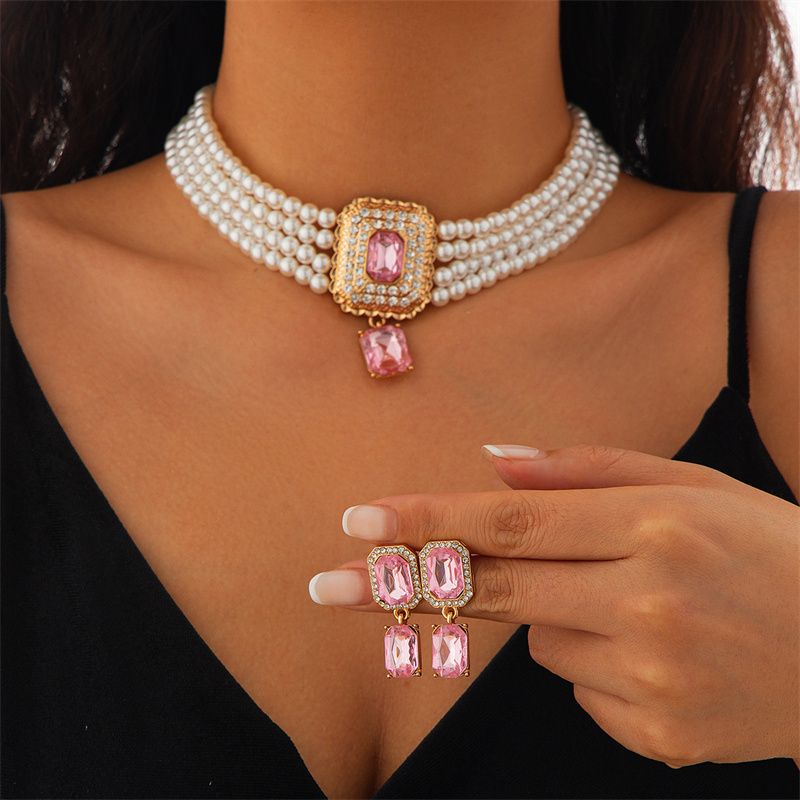 Elegance Square-Cut Gemstone Choker Necklace – Gold-Plated Full Pave Diamond Accent with Vintage-Inspired Simulated Pearl Beads | Luxe Collarbone Jewelry for Evening Gala & Daily Glamour