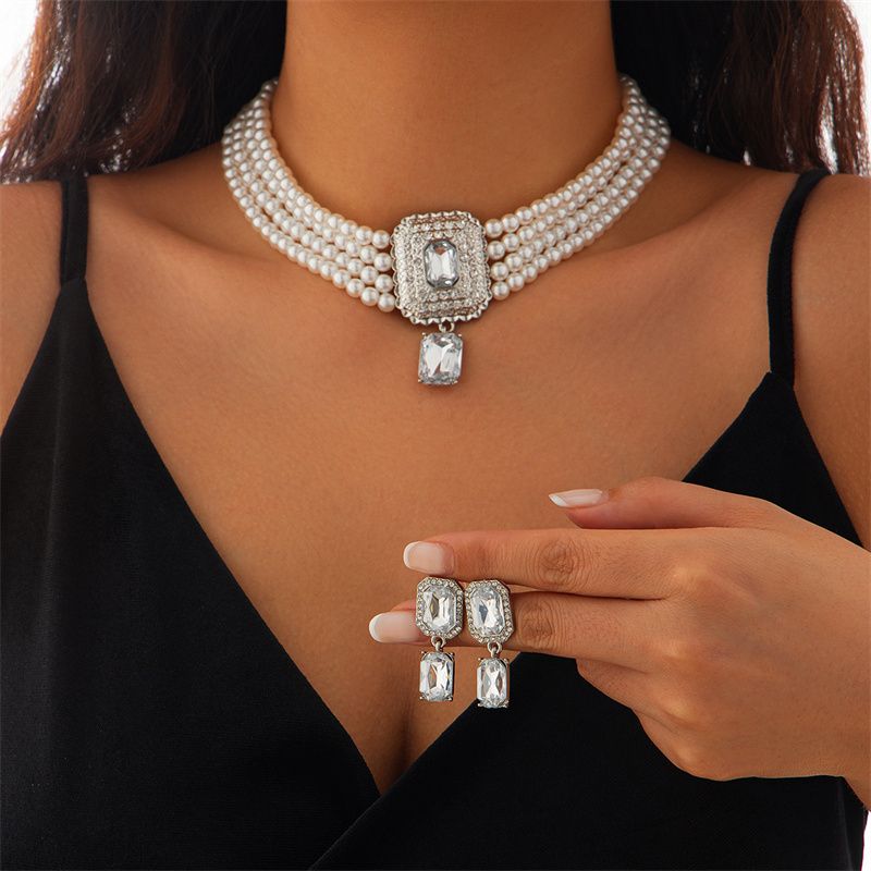 Elegance Square-Cut Gemstone Choker Necklace – Gold-Plated Full Pave Diamond Accent with Vintage-Inspired Simulated Pearl Beads | Luxe Collarbone Jewelry for Evening Gala & Daily Glamour