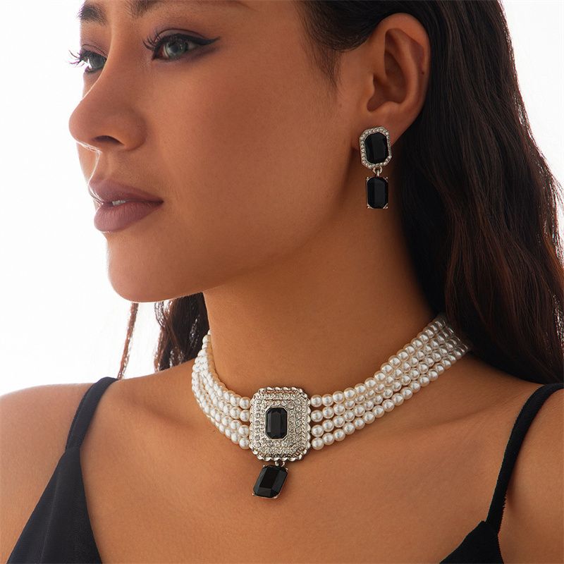 Elegance Square-Cut Gemstone Choker Necklace – Gold-Plated Full Pave Diamond Accent with Vintage-Inspired Simulated Pearl Beads | Luxe Collarbone Jewelry for Evening Gala & Daily Glamour