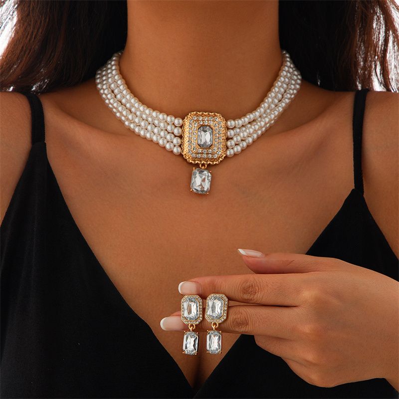 Elegance Square-Cut Gemstone Choker Necklace – Gold-Plated Full Pave Diamond Accent with Vintage-Inspired Simulated Pearl Beads | Luxe Collarbone Jewelry for Evening Gala & Daily Glamour