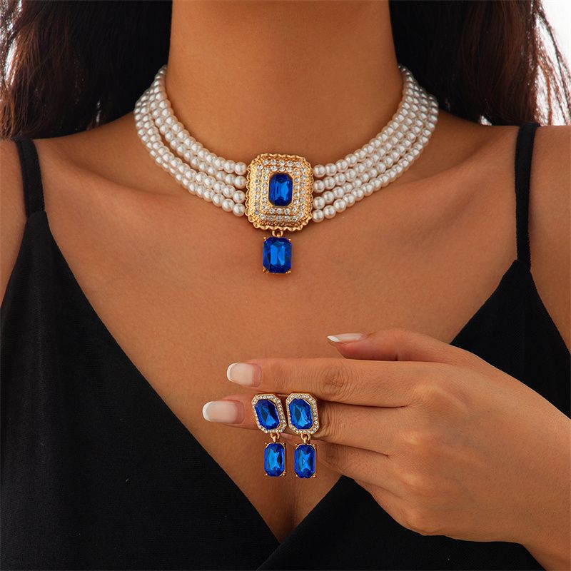 Elegance Square-Cut Gemstone Choker Necklace – Gold-Plated Full Pave Diamond Accent with Vintage-Inspired Simulated Pearl Beads | Luxe Collarbone Jewelry for Evening Gala & Daily Glamour
