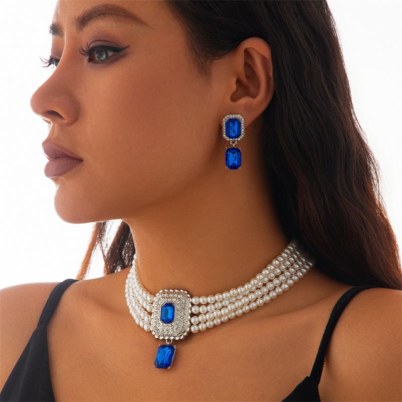 Elegance Square-Cut Gemstone Choker Necklace – Gold-Plated Full Pave Diamond Accent with Vintage-Inspired Simulated Pearl Beads | Luxe Collarbone Jewelry for Evening Gala & Daily Glamour