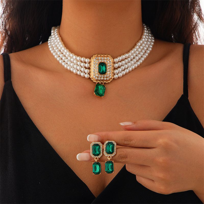Elegance Square-Cut Gemstone Choker Necklace – Gold-Plated Full Pave Diamond Accent with Vintage-Inspired Simulated Pearl Beads | Luxe Collarbone Jewelry for Evening Gala & Daily Glamour
