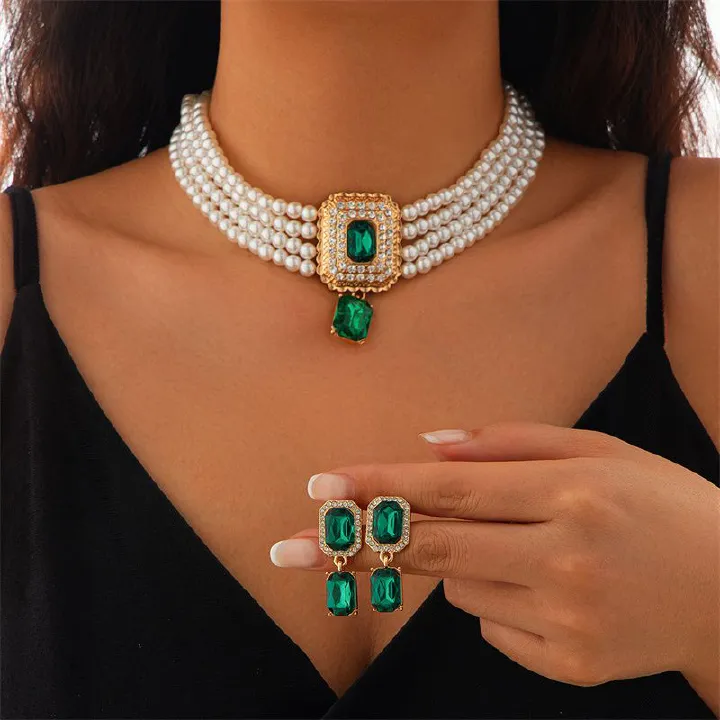 Elegance Square-Cut Gemstone Choker Necklace – Gold-Plated Full Pave Diamond Accent with Vintage-Inspired Simulated Pearl Beads | Luxe Collarbone Jewelry for Evening Gala & Daily Glamour