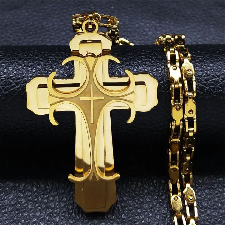 New Stainless Steel Large Cross Pendant Necklace for Men – Gold-Plated Jewelry, Christmas & Holiday Gifts with Adjustable Chain, Spiritual Protection & Durable Design for Faith & Style