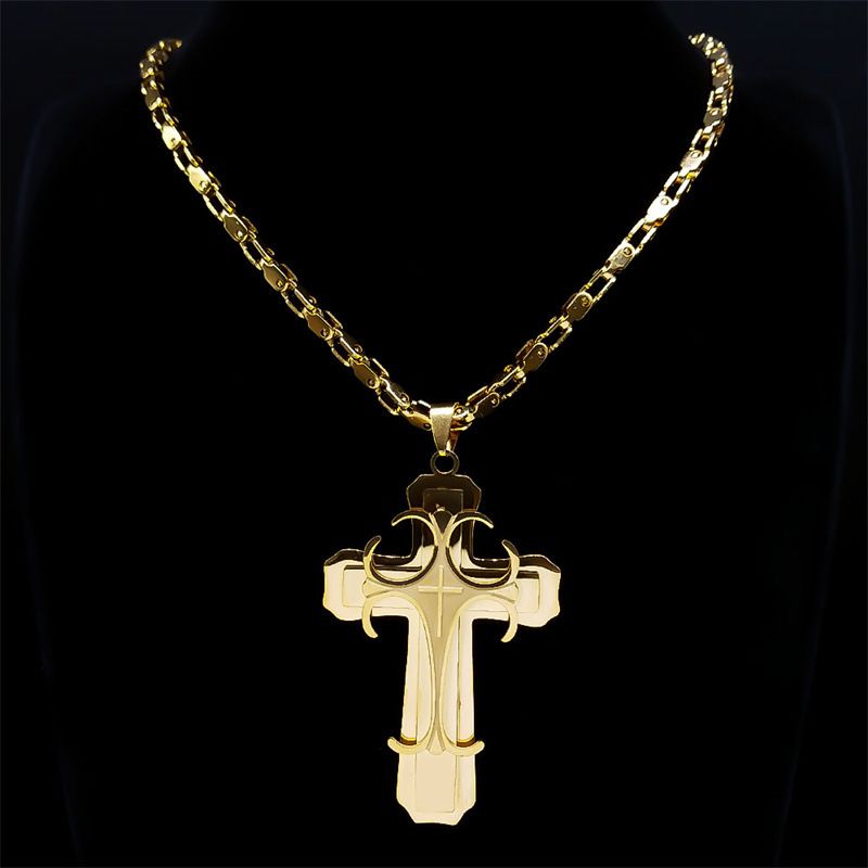 New Stainless Steel Large Cross Pendant Necklace for Men – Gold-Plated Jewelry, Christmas & Holiday Gifts with Adjustable Chain, Spiritual Protection & Durable Design for Faith & Style