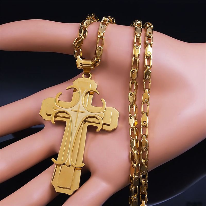 New Stainless Steel Large Cross Pendant Necklace for Men – Gold-Plated Jewelry, Christmas & Holiday Gifts with Adjustable Chain, Spiritual Protection & Durable Design for Faith & Style