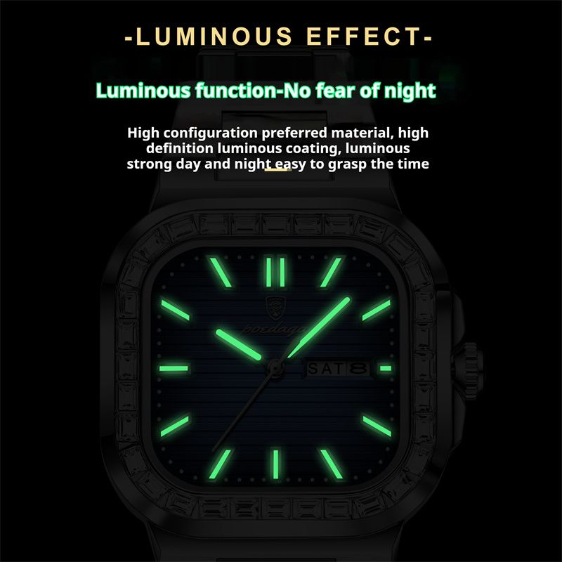 Swiss Brand Premium Diamond-Studded Men's Watch - Double Calendar Waterproof Luminous Quartz Chronograph with Square Large Dial & Stainless Steel Strap | Ultimate Fashion & Prestige