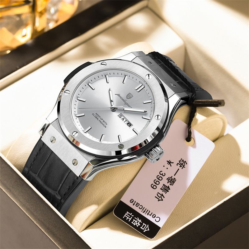 POEDAGAR Swiss Luxury Men's Watch Silicone Leather Leather Strap Waterproof Dual Calendar Luminous Quartz Watch Durable Versatile for African Men Business Casual Daily Wear