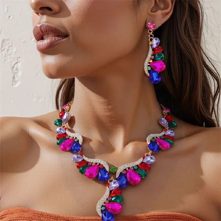 Glamorous Multicolor Teardrop Crystal Jewelry Set - Luxury Rhinestone Chandelier Earrings & Cascading Necklace for Red Carpet, Bridal & Evening Galas