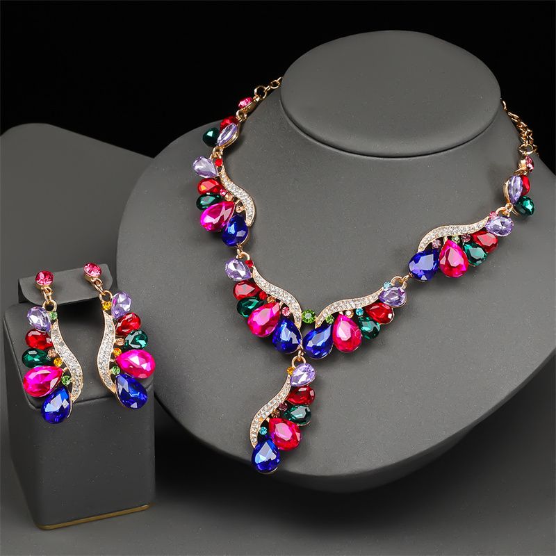Glamorous Multicolor Teardrop Crystal Jewelry Set - Luxury Rhinestone Chandelier Earrings & Cascading Necklace for Red Carpet, Bridal & Evening Galas