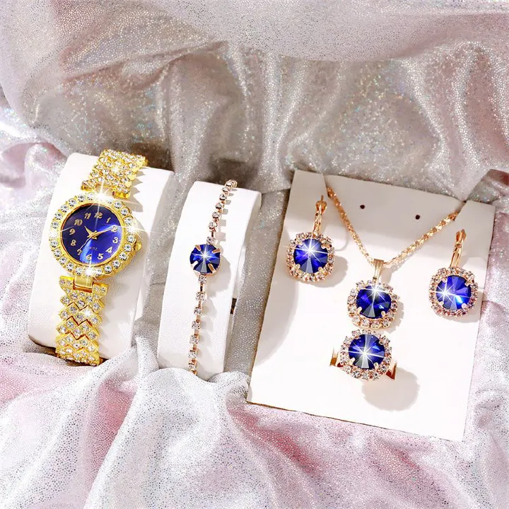 Luxury 5-Piece Diamond-Encrusted Jewelry Set: Stainless Steel Quartz Ice Watch with Matching Crystal Pendant Necklace Drop Earrings Ring & Chain Bracelet – Complete Coordinated Elegance