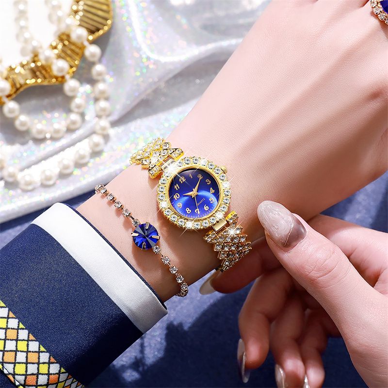 Luxury 5-Piece Diamond-Encrusted Jewelry Set: Stainless Steel Quartz Ice Watch with Matching Crystal Pendant Necklace Drop Earrings Ring & Chain Bracelet – Complete Coordinated Elegance