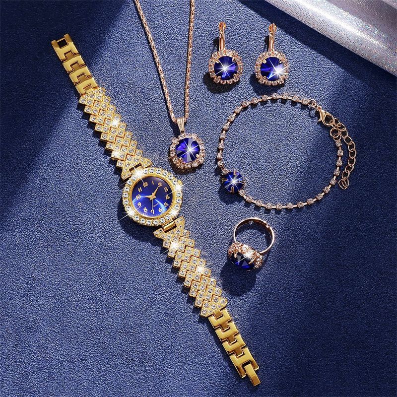 Luxury 5-Piece Diamond-Encrusted Jewelry Set: Stainless Steel Quartz Ice Watch with Matching Crystal Pendant Necklace Drop Earrings Ring & Chain Bracelet – Complete Coordinated Elegance