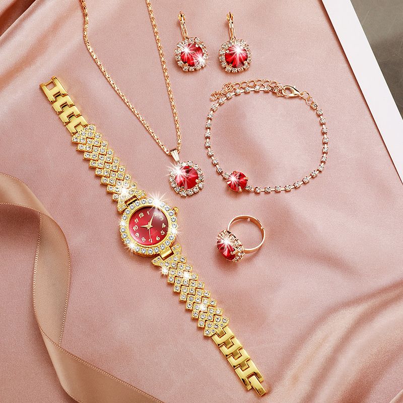 Luxury 5-Piece Diamond-Encrusted Jewelry Set: Stainless Steel Quartz Ice Watch with Matching Crystal Pendant Necklace Drop Earrings Ring & Chain Bracelet – Complete Coordinated Elegance