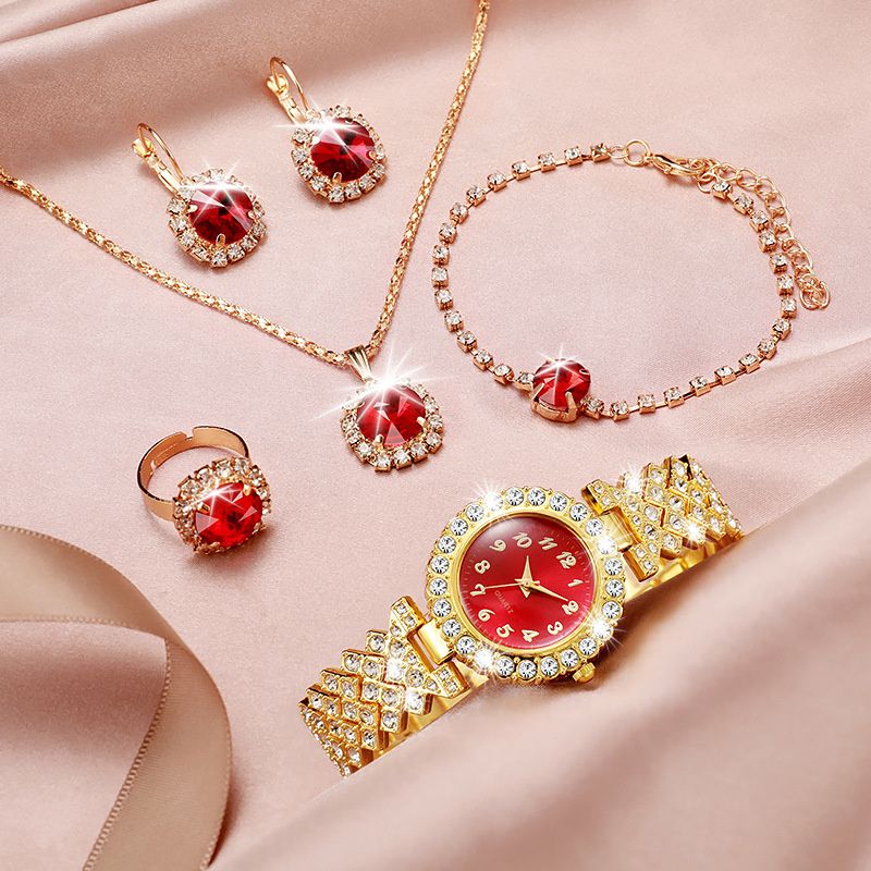 Luxury 5-Piece Diamond-Encrusted Jewelry Set: Stainless Steel Quartz Ice Watch with Matching Crystal Pendant Necklace Drop Earrings Ring & Chain Bracelet – Complete Coordinated Elegance