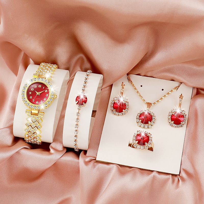 Luxury 5-Piece Diamond-Encrusted Jewelry Set: Stainless Steel Quartz Ice Watch with Matching Crystal Pendant Necklace Drop Earrings Ring & Chain Bracelet – Complete Coordinated Elegance