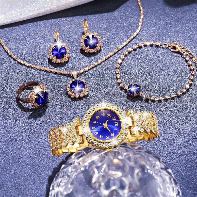 Luxury 5-Piece Diamond-Encrusted Jewelry Set: Stainless Steel Quartz Ice Watch with Matching Crystal Pendant Necklace Drop Earrings Ring & Chain Bracelet – Complete Coordinated Elegance