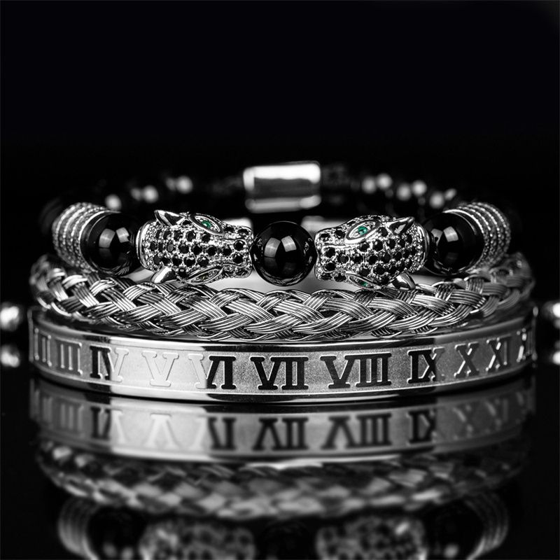 3pcs/set New Fashion Luxury Vintage Style Men's Jewelry Set Black Double Leopard Head Beaded Bracelet + Braided Bracelet +Stainless Steel Roman Numeral Bangle