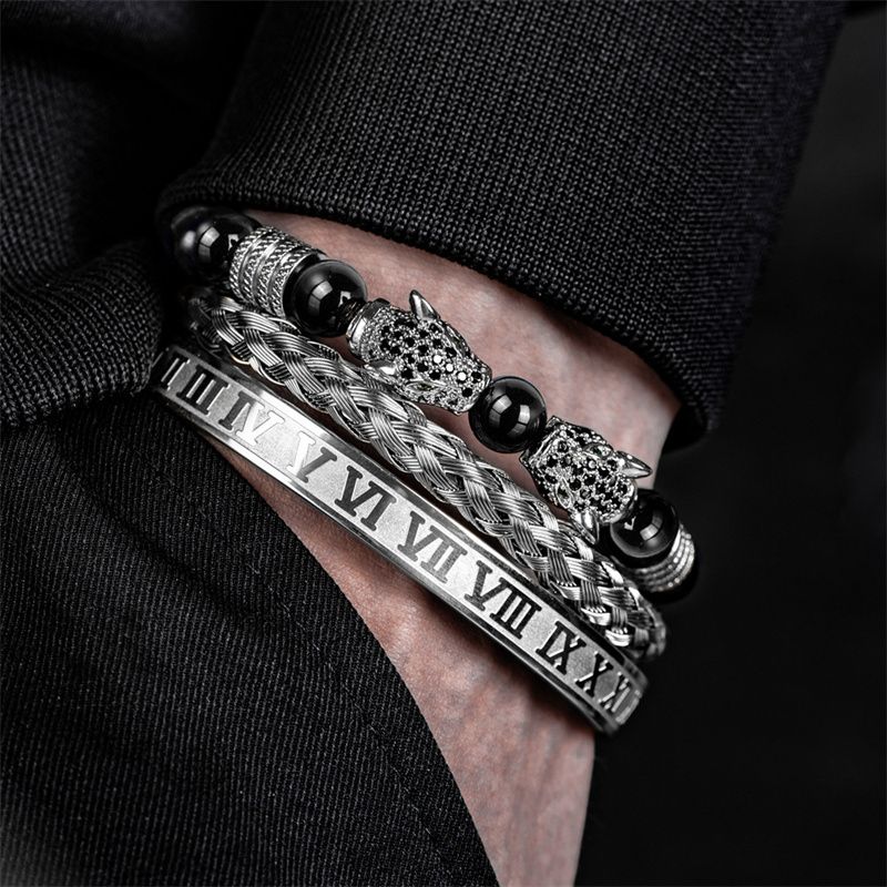 3pcs/set New Fashion Luxury Vintage Style Men's Jewelry Set Black Double Leopard Head Beaded Bracelet + Braided Bracelet +Stainless Steel Roman Numeral Bangle