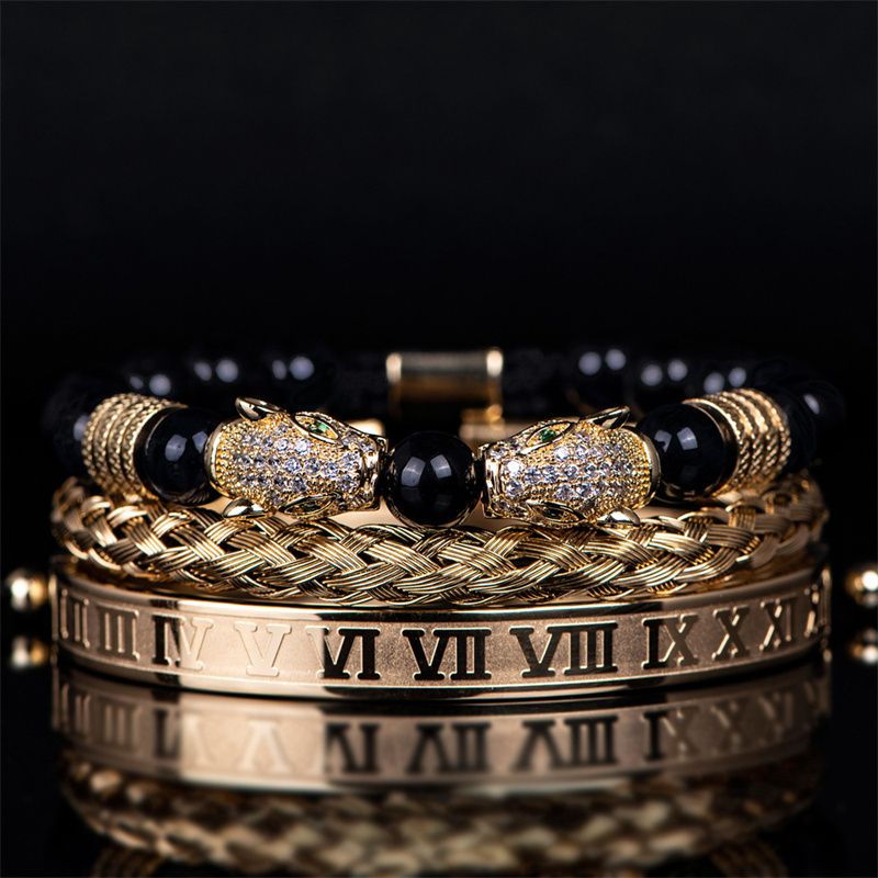 3pcs/set New Fashion Luxury Vintage Style Men's Jewelry Set Black Double Leopard Head Beaded Bracelet + Braided Bracelet +Stainless Steel Roman Numeral Bangle