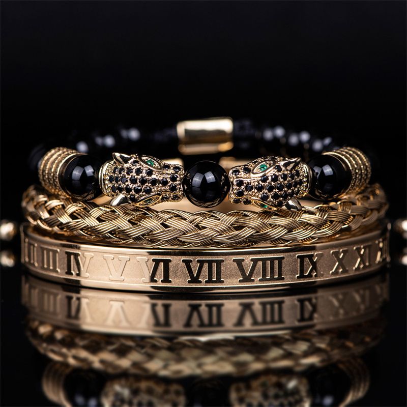 3pcs/set New Fashion Luxury Vintage Style Men's Jewelry Set Black Double Leopard Head Beaded Bracelet + Braided Bracelet +Stainless Steel Roman Numeral Bangle