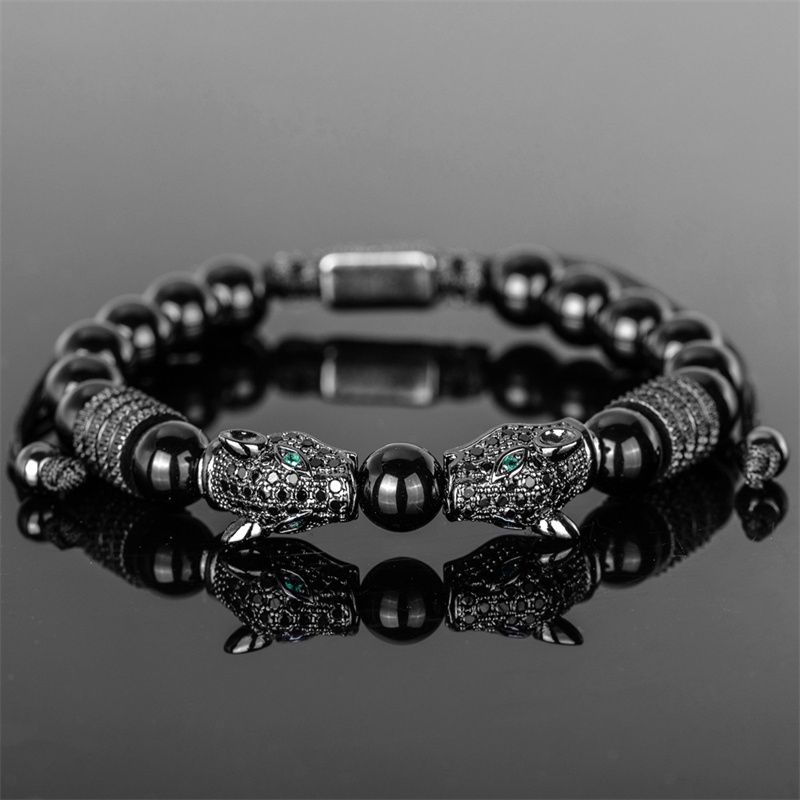 3pcs/set New Fashion Luxury Vintage Style Men's Jewelry Set Black Double Leopard Head Beaded Bracelet + Braided Bracelet +Stainless Steel Roman Numeral Bangle