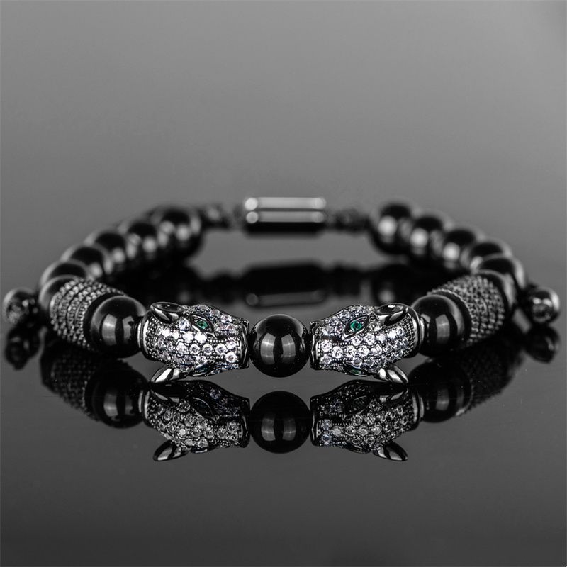 3pcs/set New Fashion Luxury Vintage Style Men's Jewelry Set Black Double Leopard Head Beaded Bracelet + Braided Bracelet +Stainless Steel Roman Numeral Bangle