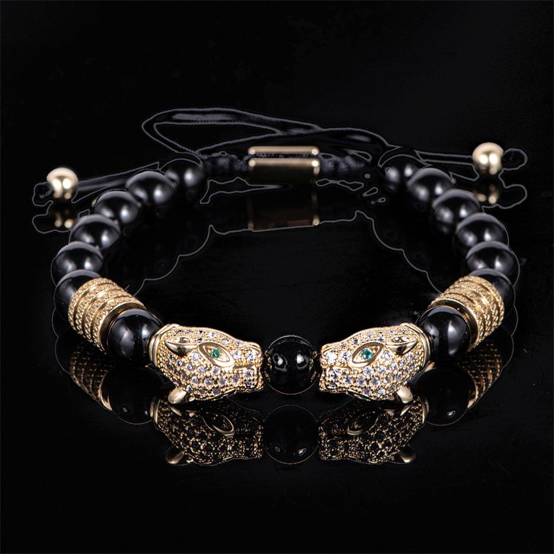 3pcs/set New Fashion Luxury Vintage Style Men's Jewelry Set Black Double Leopard Head Beaded Bracelet + Braided Bracelet +Stainless Steel Roman Numeral Bangle