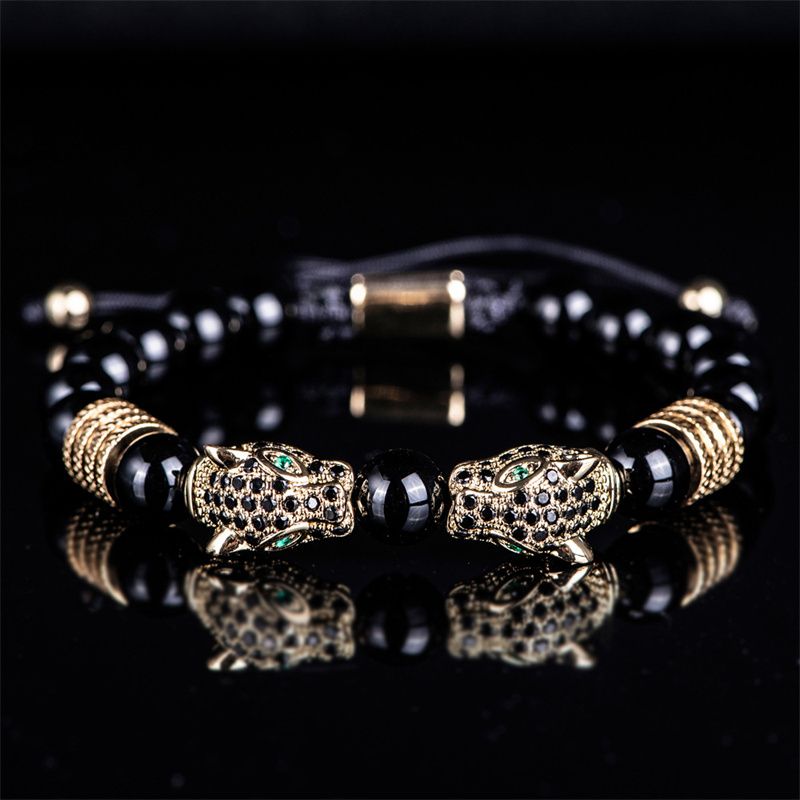 3pcs/set New Fashion Luxury Vintage Style Men's Jewelry Set Black Double Leopard Head Beaded Bracelet + Braided Bracelet +Stainless Steel Roman Numeral Bangle