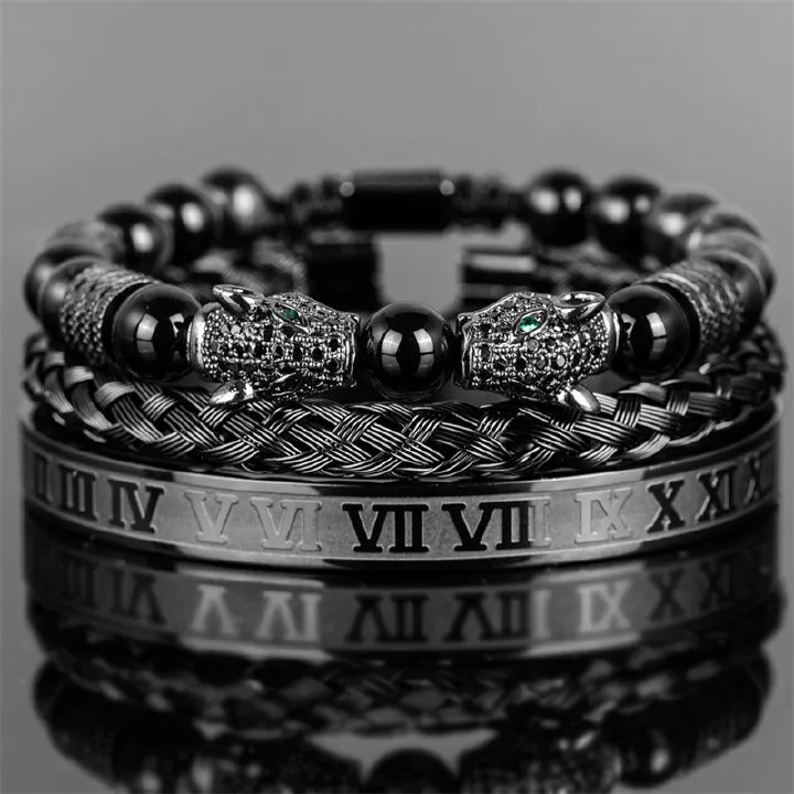 3pcs/set New Fashion Luxury Vintage Style Men's Jewelry Set Black Double Leopard Head Beaded Bracelet + Braided Bracelet +Stainless Steel Roman Numeral Bangle
