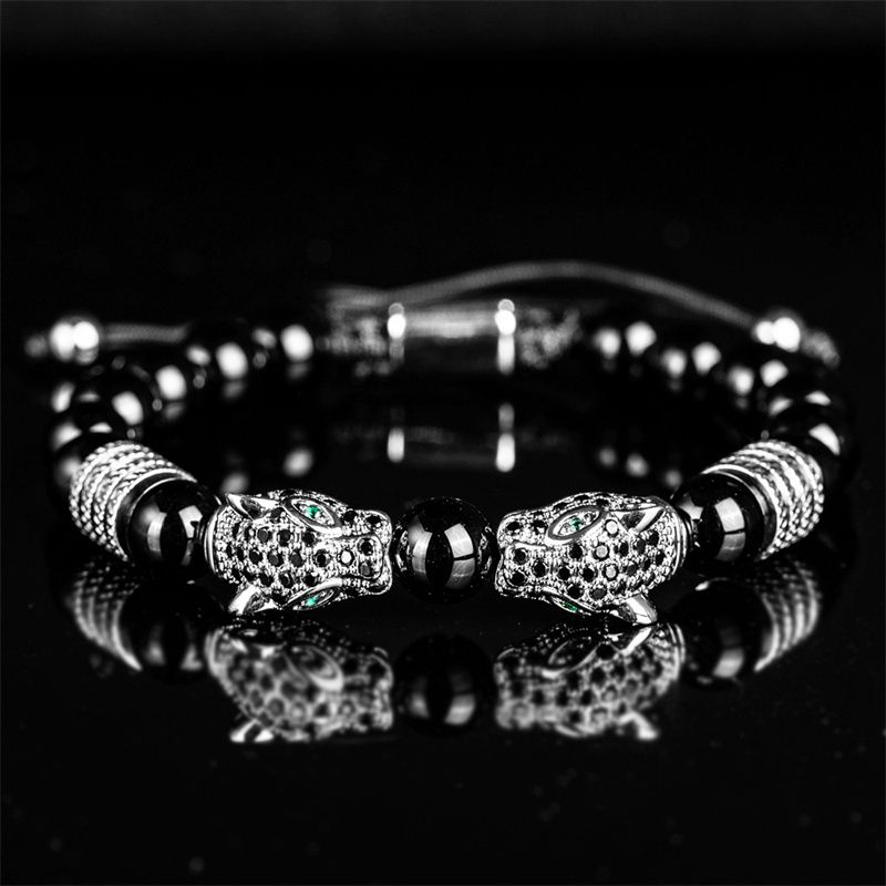 3pcs/set New Fashion Luxury Vintage Style Men's Jewelry Set Black Double Leopard Head Beaded Bracelet + Braided Bracelet +Stainless Steel Roman Numeral Bangle