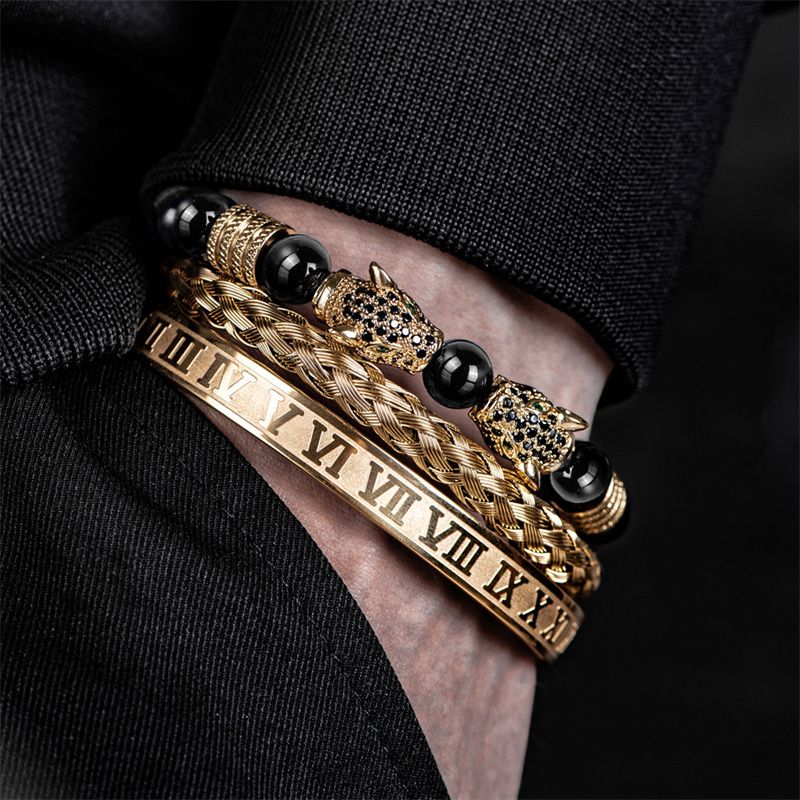 3pcs/set New Fashion Luxury Vintage Style Men's Jewelry Set Black Double Leopard Head Beaded Bracelet + Braided Bracelet +Stainless Steel Roman Numeral Bangle