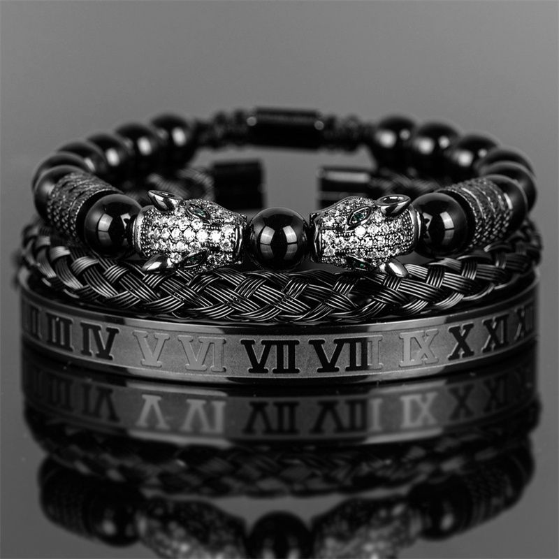3pcs/set New Fashion Luxury Vintage Style Men's Jewelry Set Black Double Leopard Head Beaded Bracelet + Braided Bracelet +Stainless Steel Roman Numeral Bangle