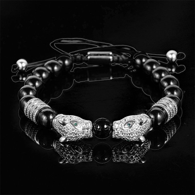 3pcs/set New Fashion Luxury Vintage Style Men's Jewelry Set Black Double Leopard Head Beaded Bracelet + Braided Bracelet +Stainless Steel Roman Numeral Bangle