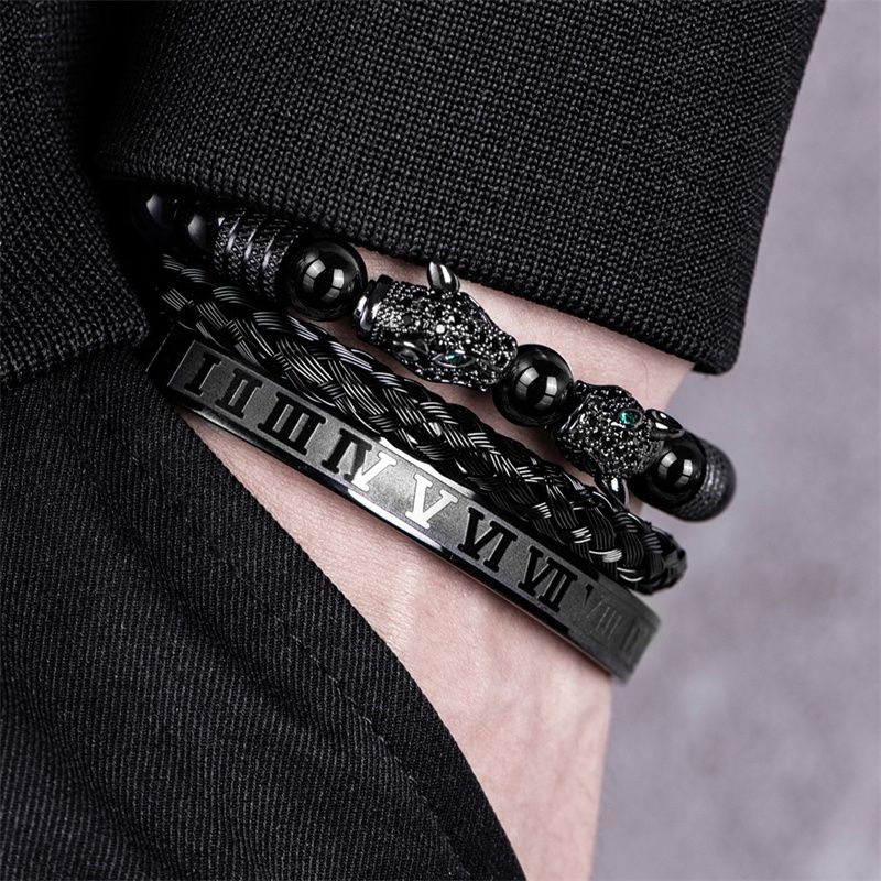 3pcs/set New Fashion Luxury Vintage Style Men's Jewelry Set Black Double Leopard Head Beaded Bracelet + Braided Bracelet +Stainless Steel Roman Numeral Bangle
