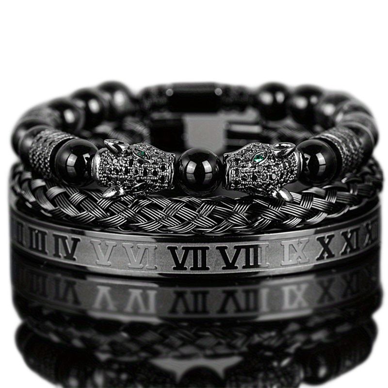 3pcs/set New Fashion Luxury Vintage Style Men's Jewelry Set Black Double Leopard Head Beaded Bracelet + Braided Bracelet +Stainless Steel Roman Numeral Bangle