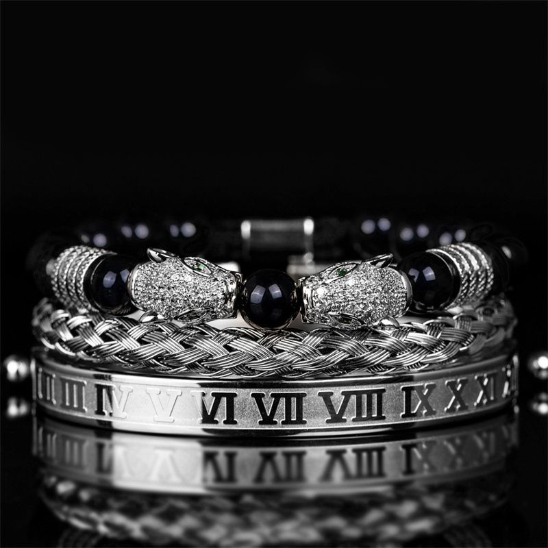 3pcs/set New Fashion Luxury Vintage Style Men's Jewelry Set Black Double Leopard Head Beaded Bracelet + Braided Bracelet +Stainless Steel Roman Numeral Bangle