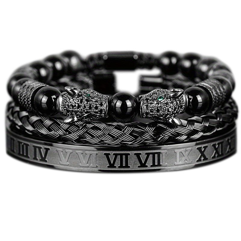 3pcs/set New Fashion Luxury Vintage Style Men's Jewelry Set Black Double Leopard Head Beaded Bracelet + Braided Bracelet +Stainless Steel Roman Numeral Bangle