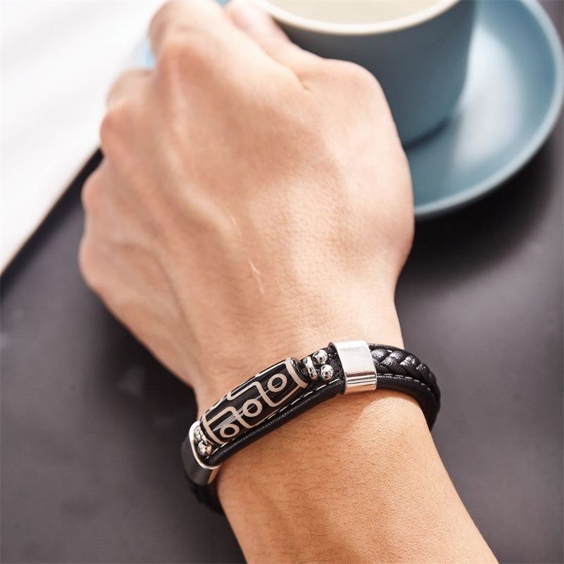 Tibetan Style Nine-Eyed Dzi Bead Bracelet: Leather Woven Peaceful Hand Ring - Ethnic Style Couple Accessories Lucky Auspicious Beads Bracelet for Protection & Good Fortune