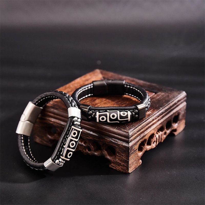 Tibetan Style Nine-Eyed Dzi Bead Bracelet: Leather Woven Peaceful Hand Ring - Ethnic Style Couple Accessories Lucky Auspicious Beads Bracelet for Protection & Good Fortune