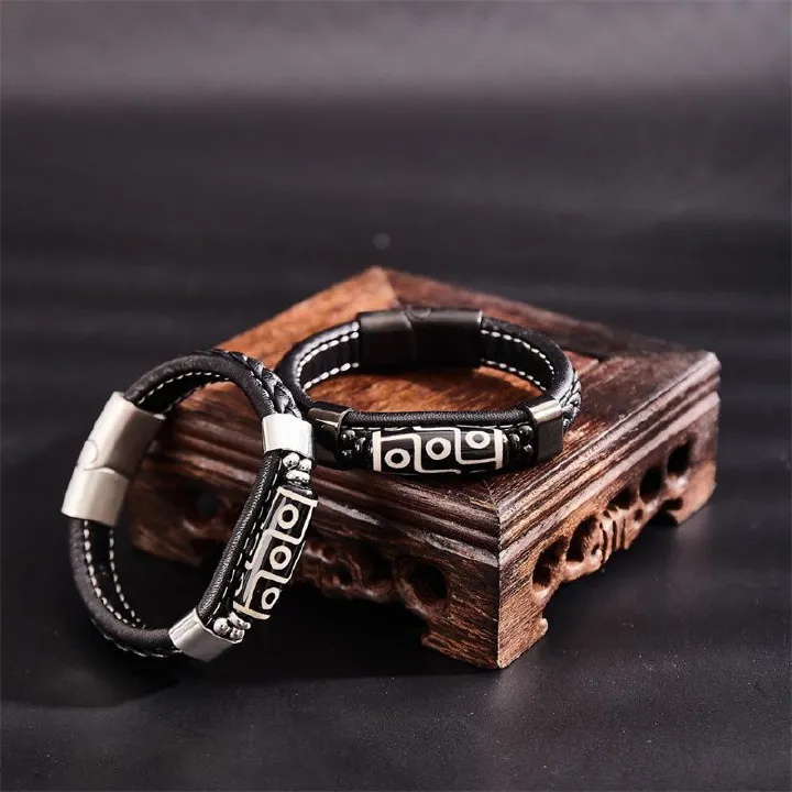 Tibetan Style Nine-Eyed Dzi Bead Bracelet: Leather Woven Peaceful Hand Ring - Ethnic Style Couple Accessories Lucky Auspicious Beads Bracelet for Protection & Good Fortune
