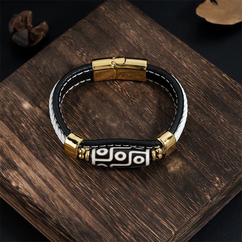 Tibetan Style Nine-Eyed Dzi Bead Bracelet: Leather Woven Peaceful Hand Ring - Ethnic Style Couple Accessories Lucky Auspicious Beads Bracelet for Protection & Good Fortune