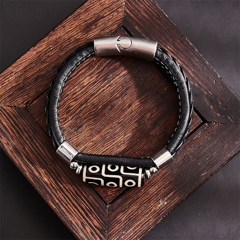 Tibetan Style Nine-Eyed Dzi Bead Bracelet: Leather Woven Peaceful Hand Ring - Ethnic Style Couple Accessories Lucky Auspicious Beads Bracelet for Protection & Good Fortune