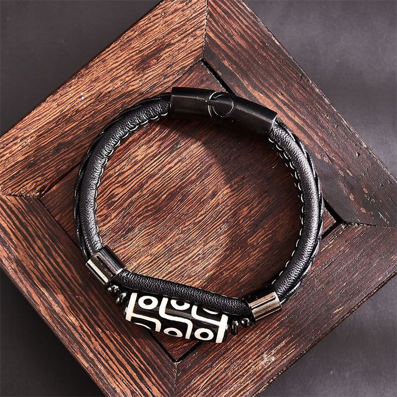 Tibetan Style Nine-Eyed Dzi Bead Bracelet: Leather Woven Peaceful Hand Ring - Ethnic Style Couple Accessories Lucky Auspicious Beads Bracelet for Protection & Good Fortune