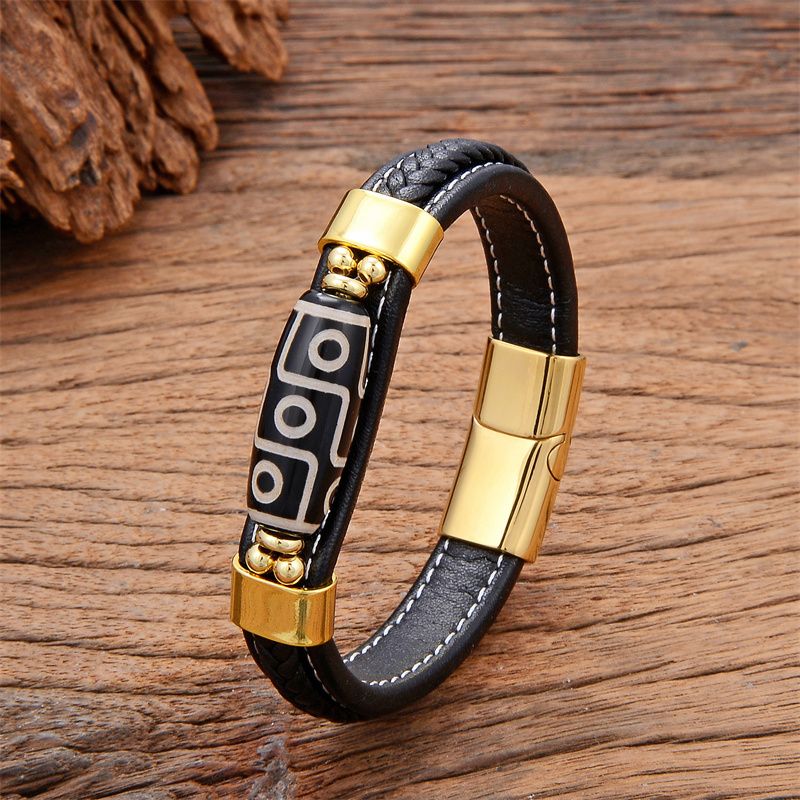 Tibetan Style Nine-Eyed Dzi Bead Bracelet: Leather Woven Peaceful Hand Ring - Ethnic Style Couple Accessories Lucky Auspicious Beads Bracelet for Protection & Good Fortune