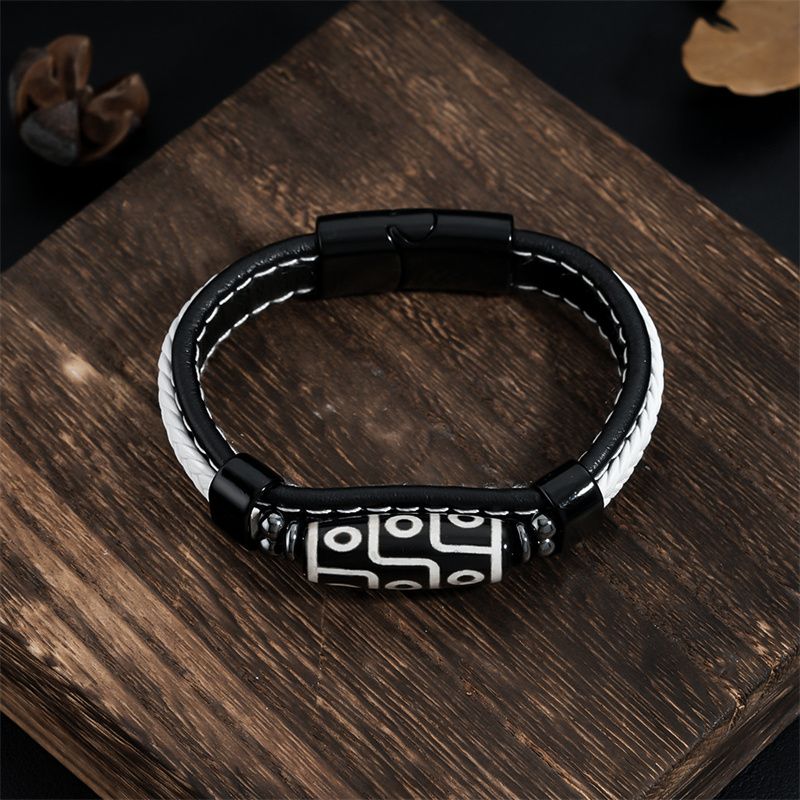 Tibetan Style Nine-Eyed Dzi Bead Bracelet: Leather Woven Peaceful Hand Ring - Ethnic Style Couple Accessories Lucky Auspicious Beads Bracelet for Protection & Good Fortune